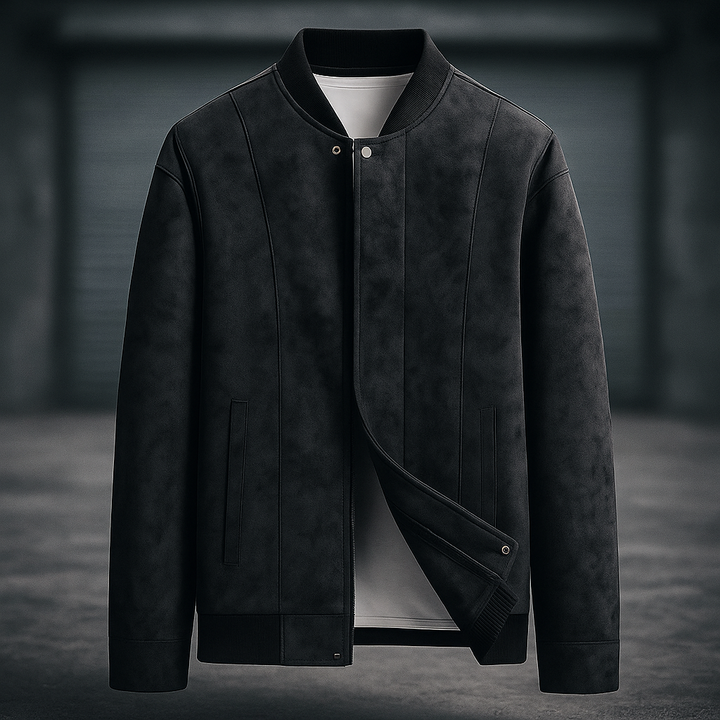 Back view of a sleek men's classic bomber jacket, highlighting the casual fit and long sleeve design.