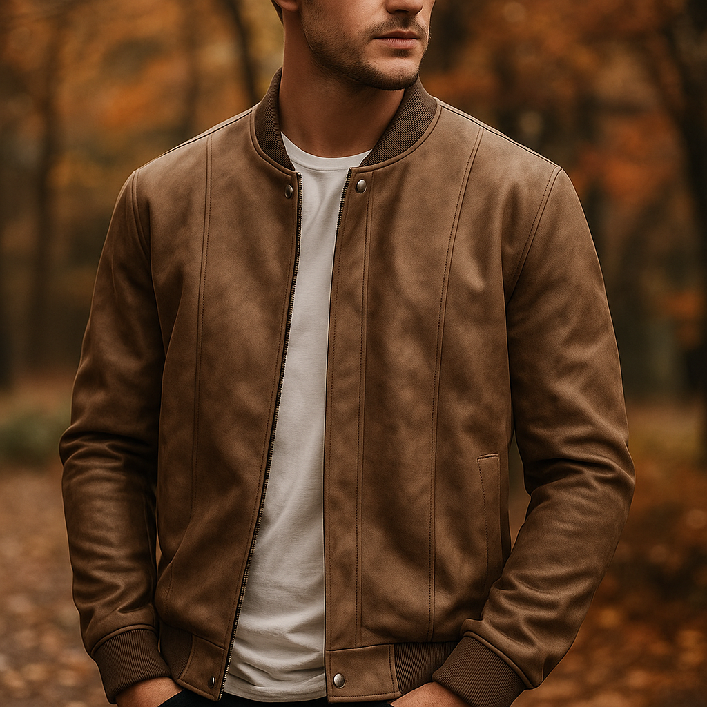 Side profile of men's classic bomber jacket, ideal for versatile layering and comfortable everyday style.