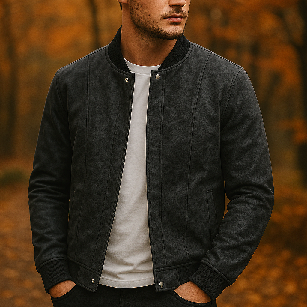 Flat lay of a men's classic bomber jacket, a timeless zip jacket for winter fashion and casual wear.