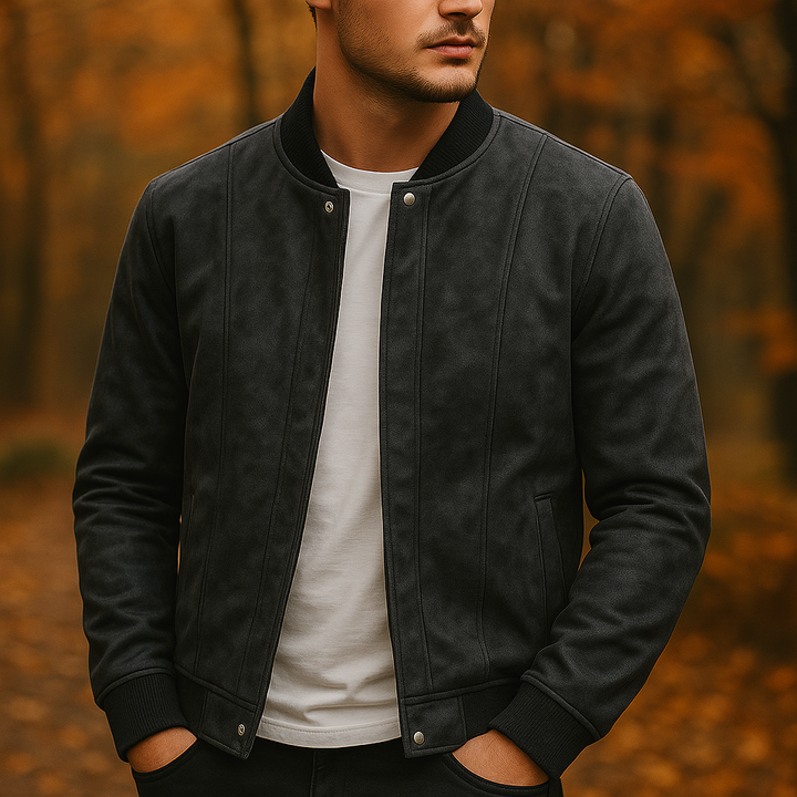 Flat lay of a men's classic bomber jacket, a timeless zip jacket for winter fashion and casual wear.