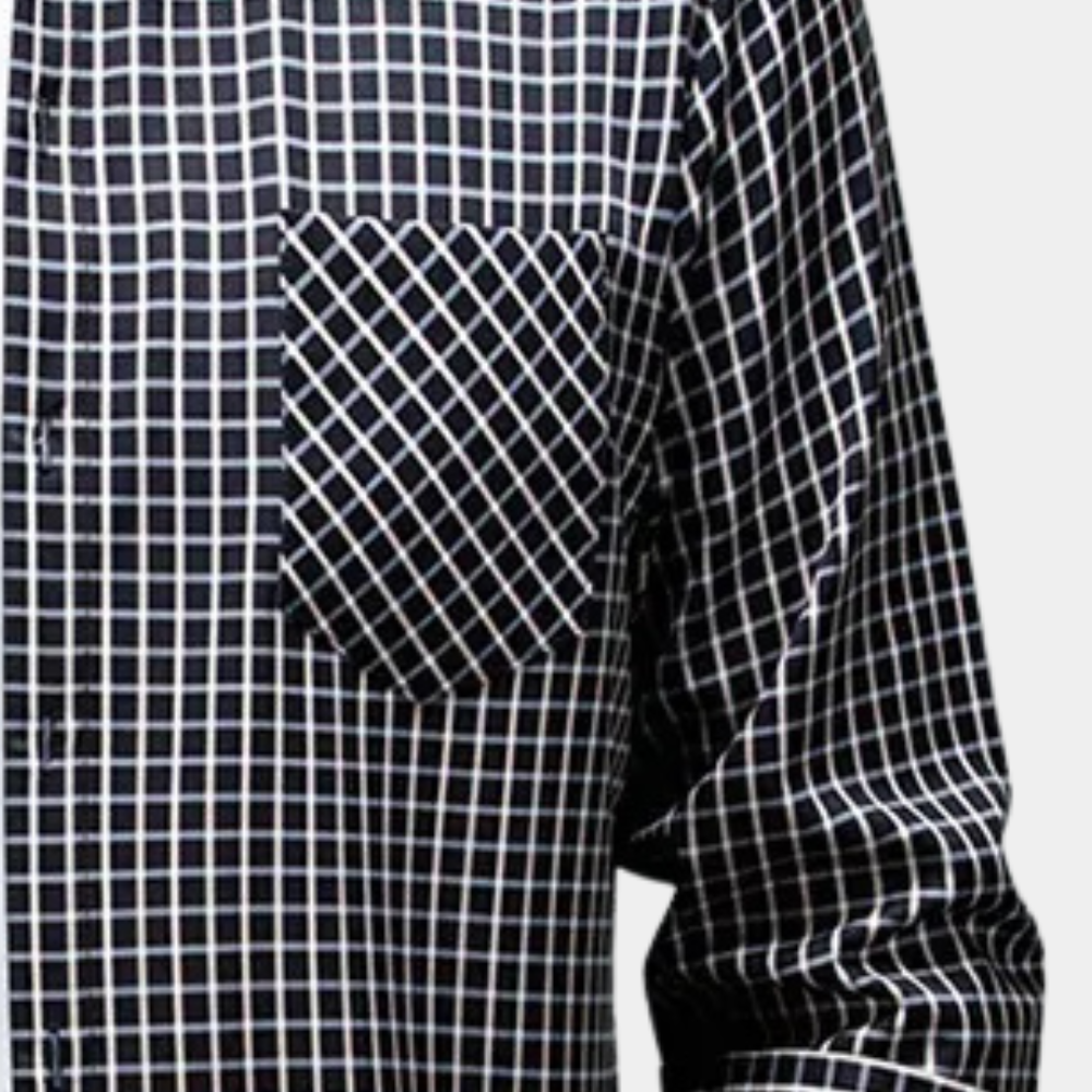 Classic men's black checked button-down shirt, a timeless long-sleeve design for formal & casual outfits.