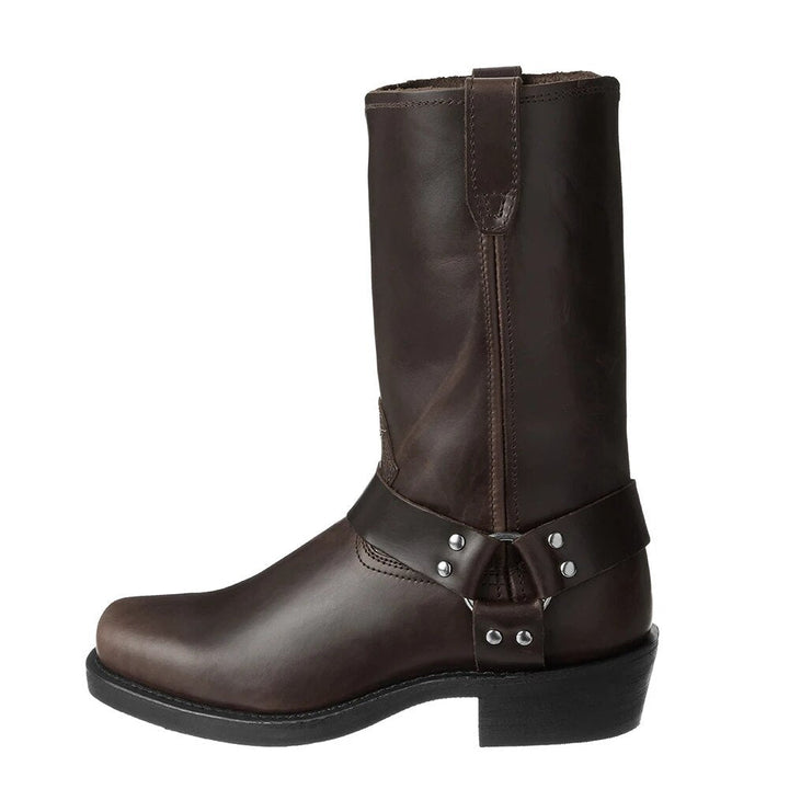 Comfortable men's dark brown Western boots. Stylish, durable, and classic cowboy footwear for any season.