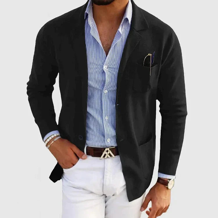 Modern men's blazer, a stylish casual jacket with functional button pockets & classic notch lapel design.