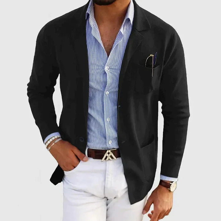 Modern men's blazer, a stylish casual jacket with functional button pockets & classic notch lapel design.