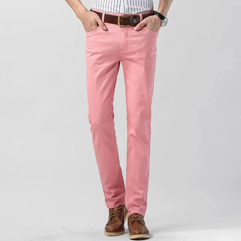 Casual men's yellow chino pants, versatile for all seasons, soft cotton blend regular fit.