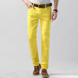 Trendy men's colored stretch chinos, available in multiple shades, durable cotton blend for all seasons.