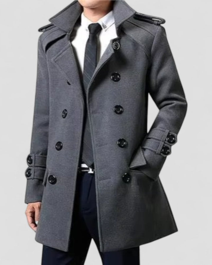 Classic men's tailored mid-length trench coat. Ideal double-breasted autumn or winter jacket for a smart look.