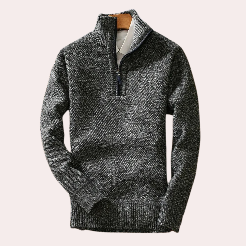 Stylish men's high neck zip sweater in a warm knit, perfect for casual wear and winter fashion.