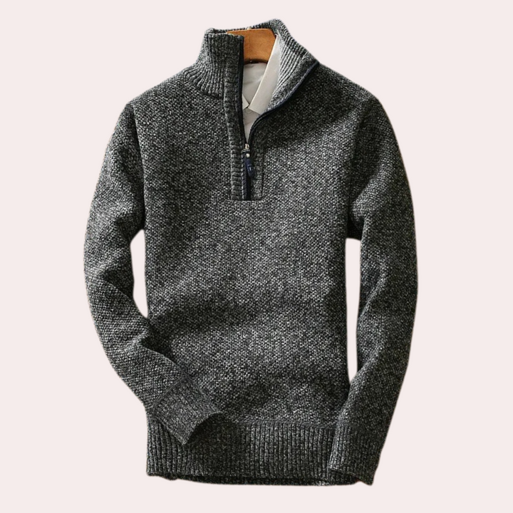 Stylish men's high neck zip sweater in a warm knit, perfect for casual wear and winter fashion.