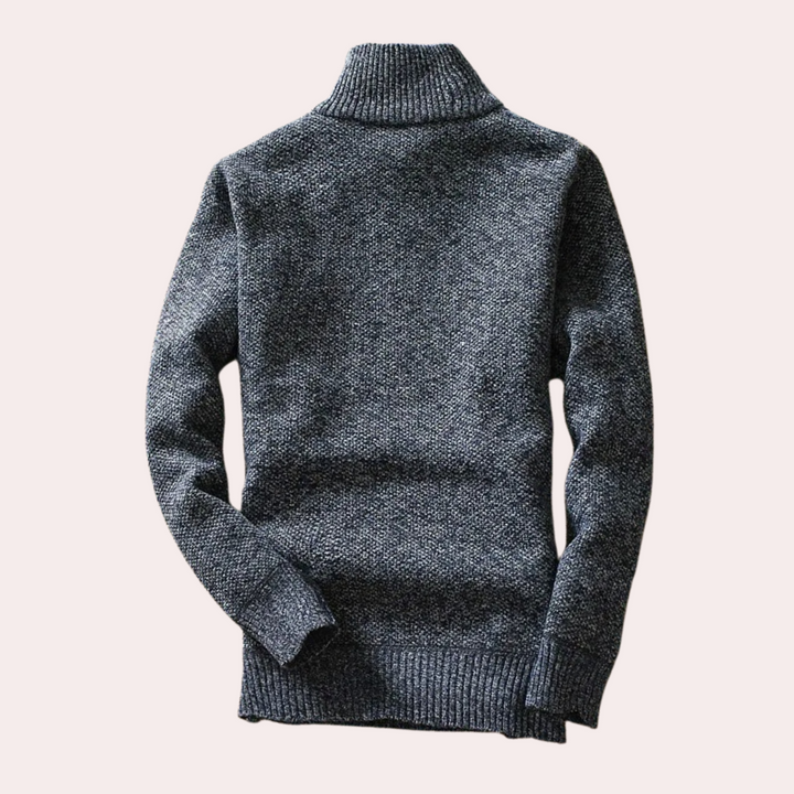 Versatile men's long sleeve jumper with high neck zip, ideal for everyday casual wear and warmth.