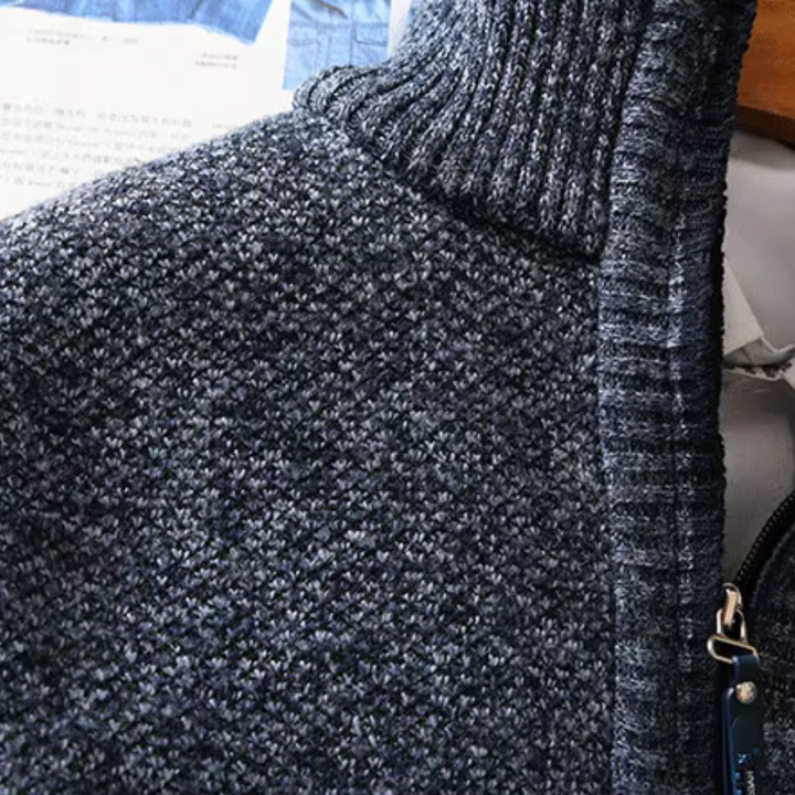 Fashionable men's high neck zip sweater for a smart casual look. Warm long sleeve jumper.