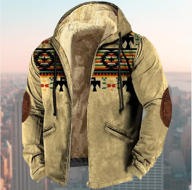 Men's hooded tribal print winter coat. Durable & warm, perfect for fall fashion and outdoor activities.