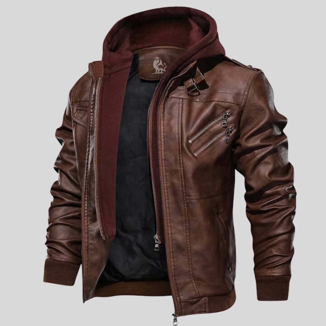 Stylish men's leather jacket, Ryder, with a detachable hood. Perfect versatile outerwear for fall & winter.
