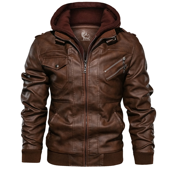 Versatile men's leather jacket featuring a detachable hood. An ideal outdoor coat for cold weather fashion.