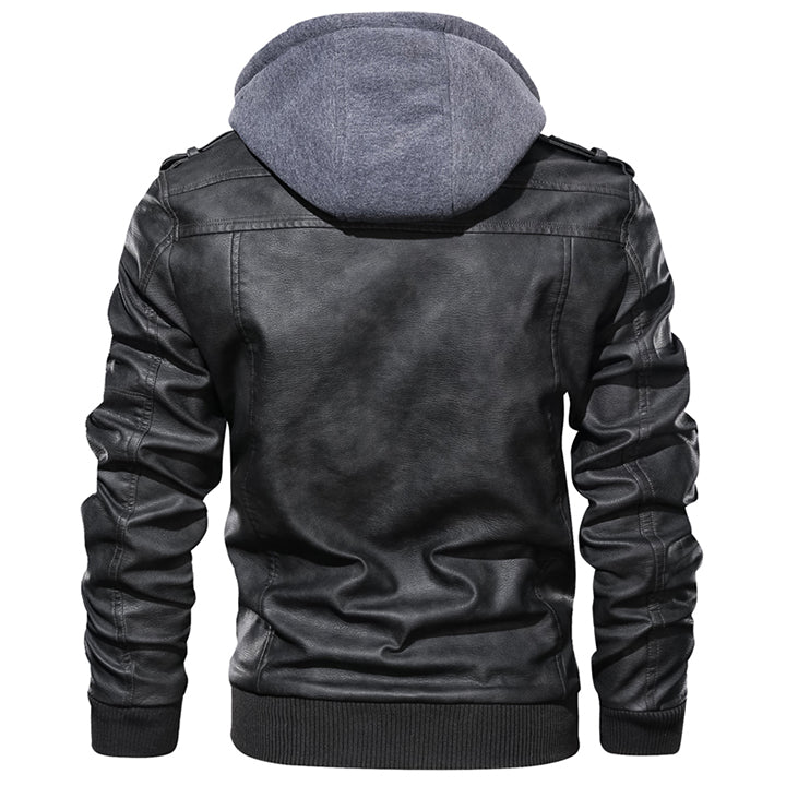 Ryder men's leather jacket with a functional detachable hood. Great for stylish winter & fall casual wear.