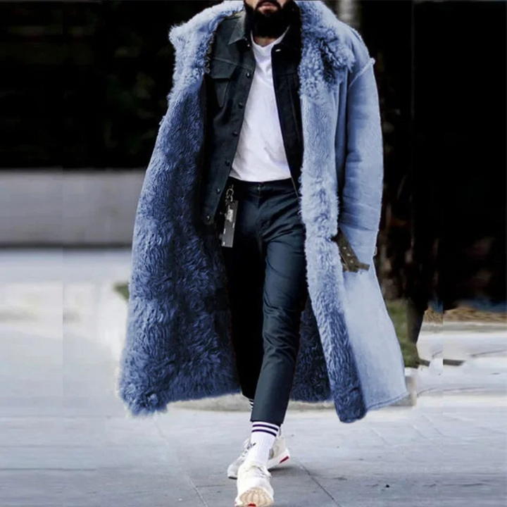 Stylish men's long winter warm coat, perfect for cold weather comfort and modern men's fashion.