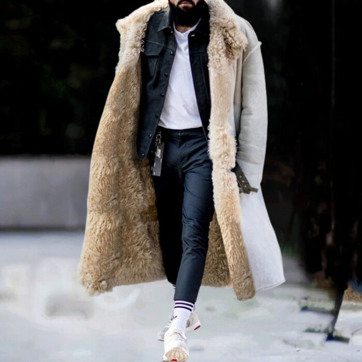 Padded men's long winter coat, offering warmth and style as essential cold weather outerwear.
