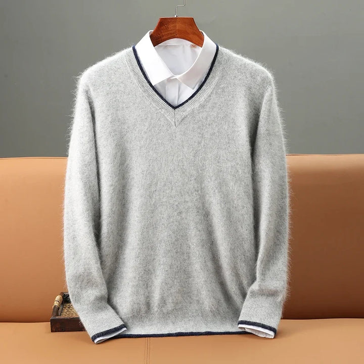 Stylish men's onyx V-neck sweater, perfect for everyday comfort and versatile fall/winter fashion.