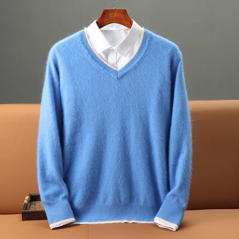 Close-up of a men's onyx V-neck sweater, highlighting its soft texture and classic, stylish design.