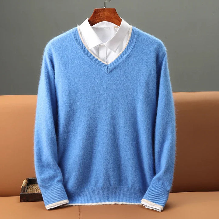 Close-up of a men's onyx V-neck sweater, highlighting its soft texture and classic, stylish design.