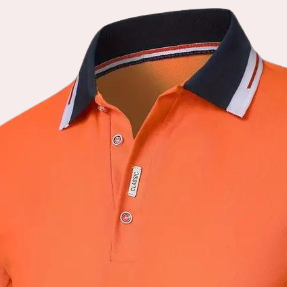 Vibrant orange men's polo top by Jules, ideal for summer, offering breathable comfort & stylish casual wear.