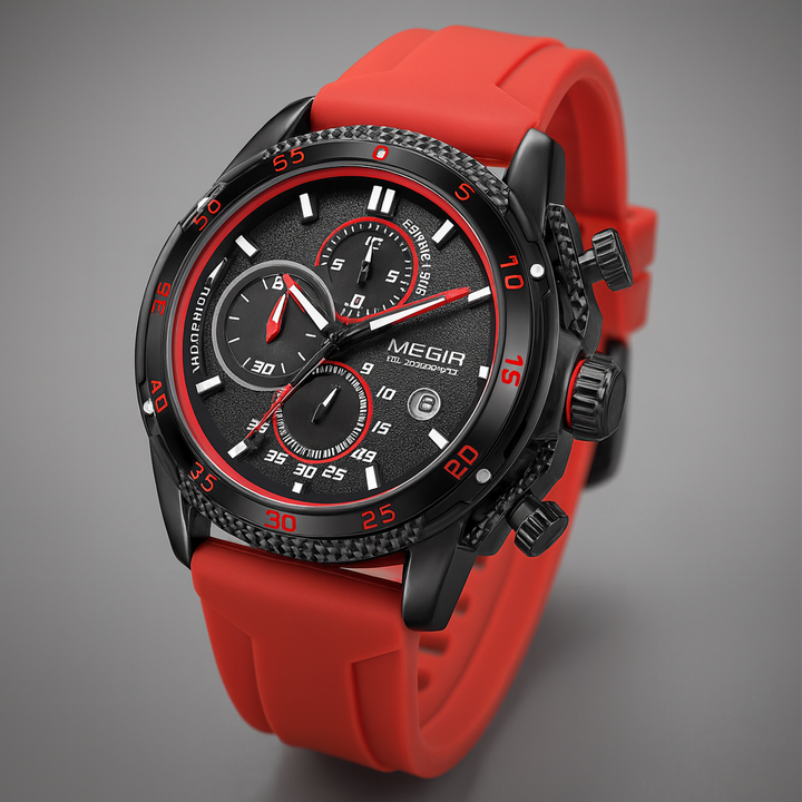 Waterproof men's sport watch with durable silicone strap & ceramic bezel; features precision chronograph.