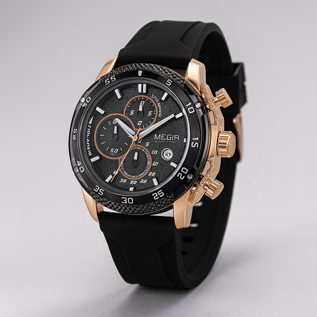Close-up of men's precision chronograph watch dial, showcasing Swiss quartz movement & stylish details.