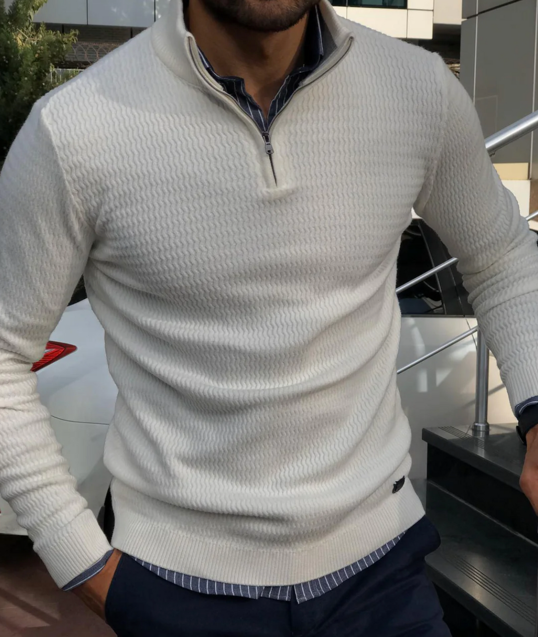 Stylish men's quarter-zip pullover. Modern GentZip sweater for casual comfort and versatile fashion.
