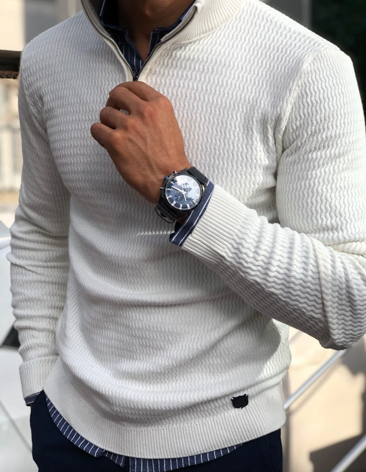 Trendy men's quarter-zip pullover. Comfortable and stylish sweater for a modern casual look.