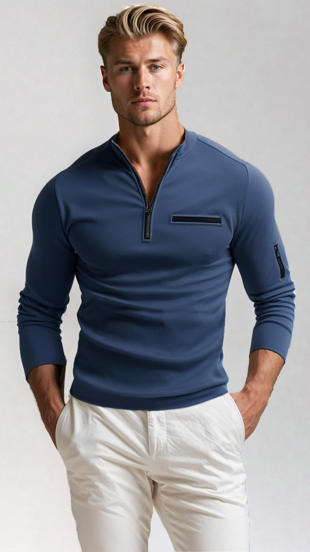 Stylish men's quarter-zip sweater, comfortable long-sleeve pullover for business casual or casual wear.