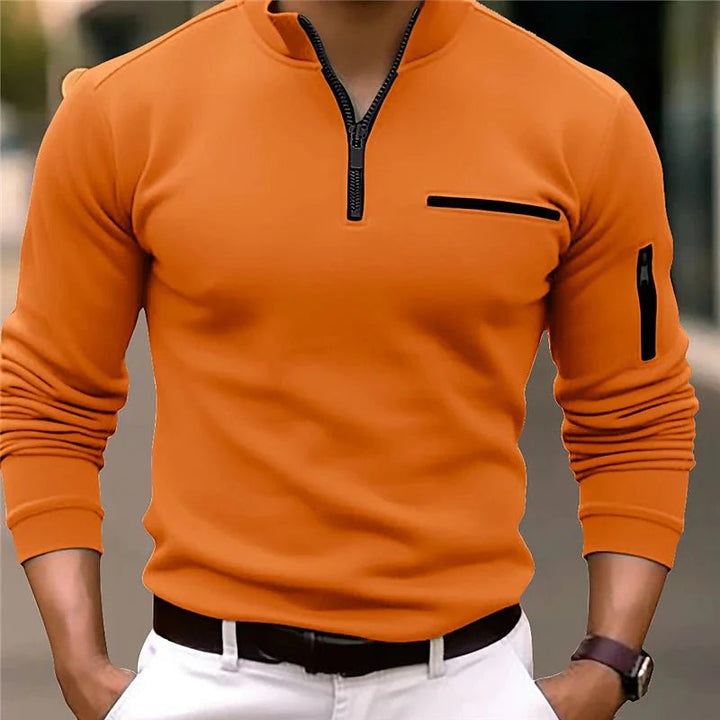 Soft men's quarter-zip sweater, ideal for casual wear, offering warmth and a smart look. Men's apparel.