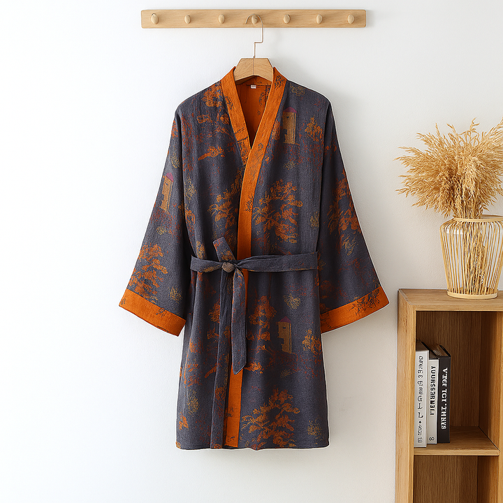 Stylish men's relaxed jacquard kimono robe in a unique pattern for comfortable loungewear and home leisure.