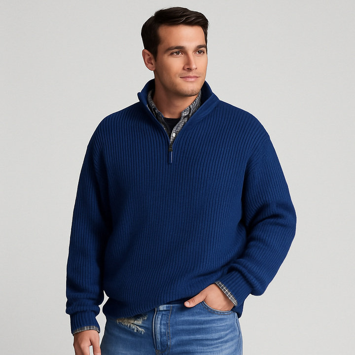 Stylish men's ribbed half-zip sweater with stand collar, a perfect fall/winter layering top for smart casual fashion.