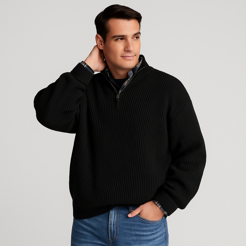 Men's casual half-zip ribbed pullover sweater, long sleeve design ideal for smart casual wear & layering apparel.