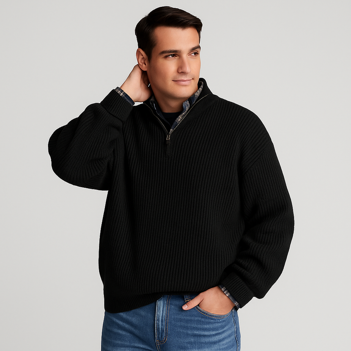 Men's casual half-zip ribbed pullover sweater, long sleeve design ideal for smart casual wear & layering apparel.