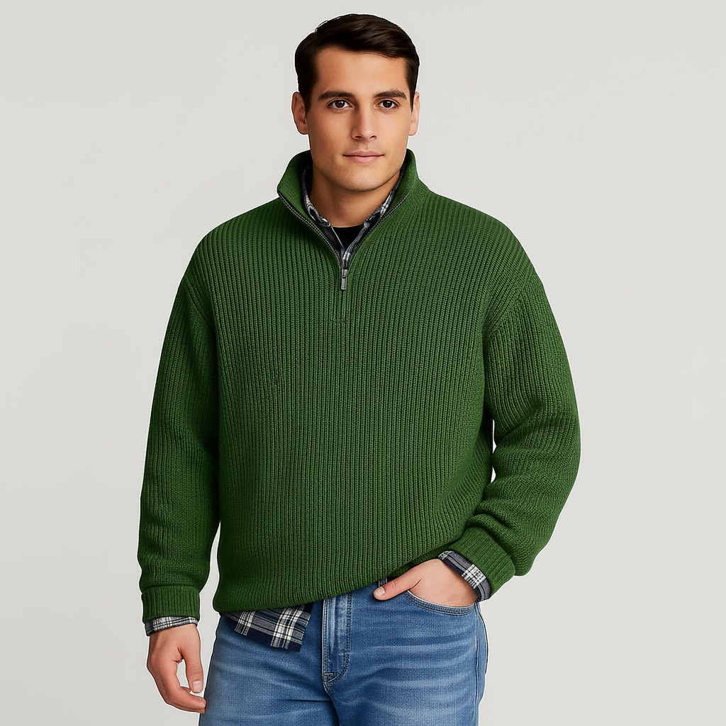 Comfortable men's ribbed half-zip sweater with stand collar, a versatile long-sleeve top for fall/winter fashion.