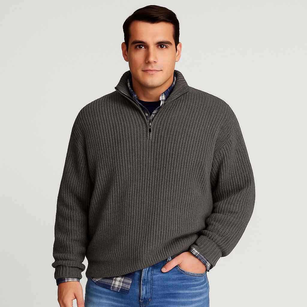 Close-up of a men's ribbed half-zip sweater, showcasing the texture, stand collar, and long sleeve detail.