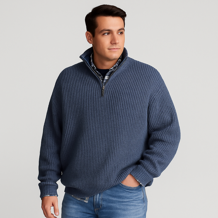 Men's fashion ribbed half-zip pullover, a warm and stylish long-sleeve sweater for casual & smart casual outfits.