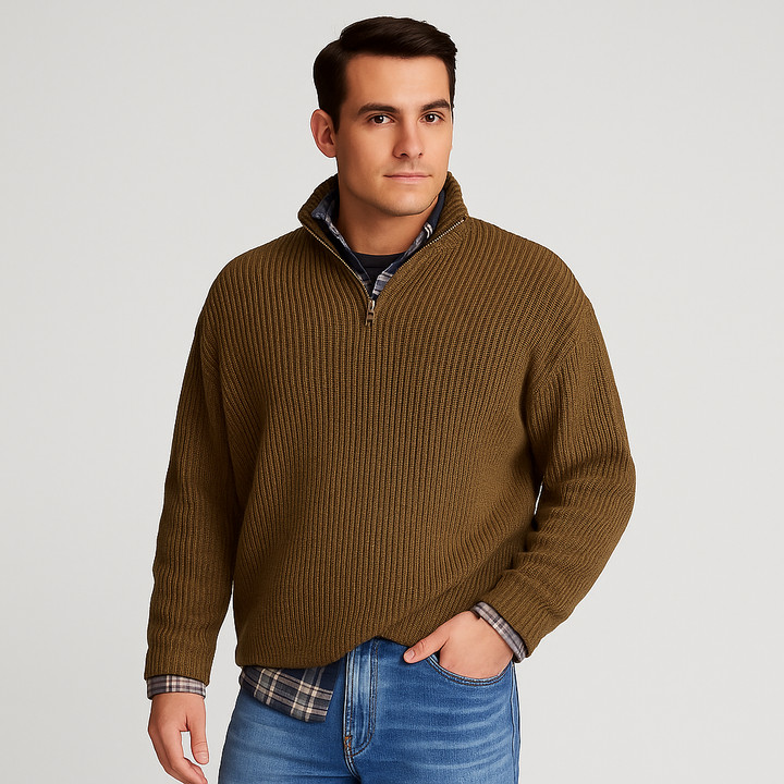 Fall/winter men's ribbed half-zip sweater, a smart casual long-sleeve layering top with a stylish stand collar.