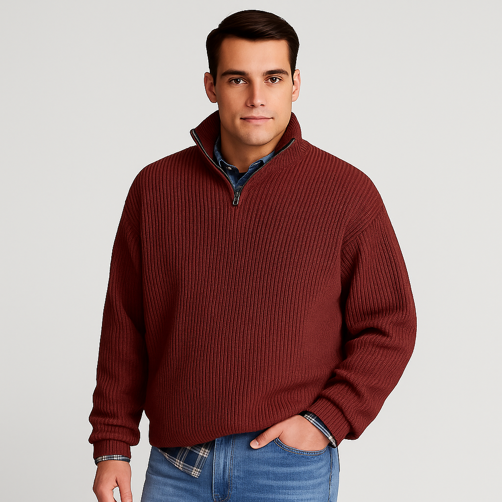 Men's half-zip ribbed sweater. This long-sleeve pullover with stand collar is perfect for fall & winter fashion.