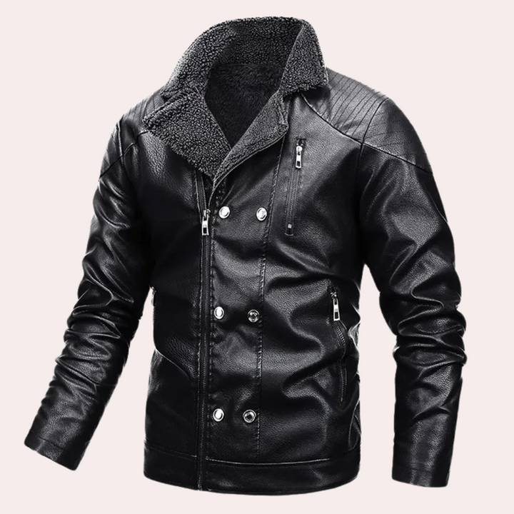 Stylish Men's Ronan motorcycle jacket, black, for riders. Features protective design & sleek look. Perfect biker gear.
