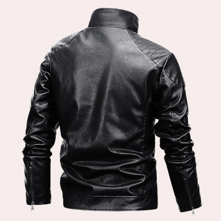 Close-up of durable fabric on Men's Ronan motorcycle jacket. Shows protective outerwear for safe, stylish riding.