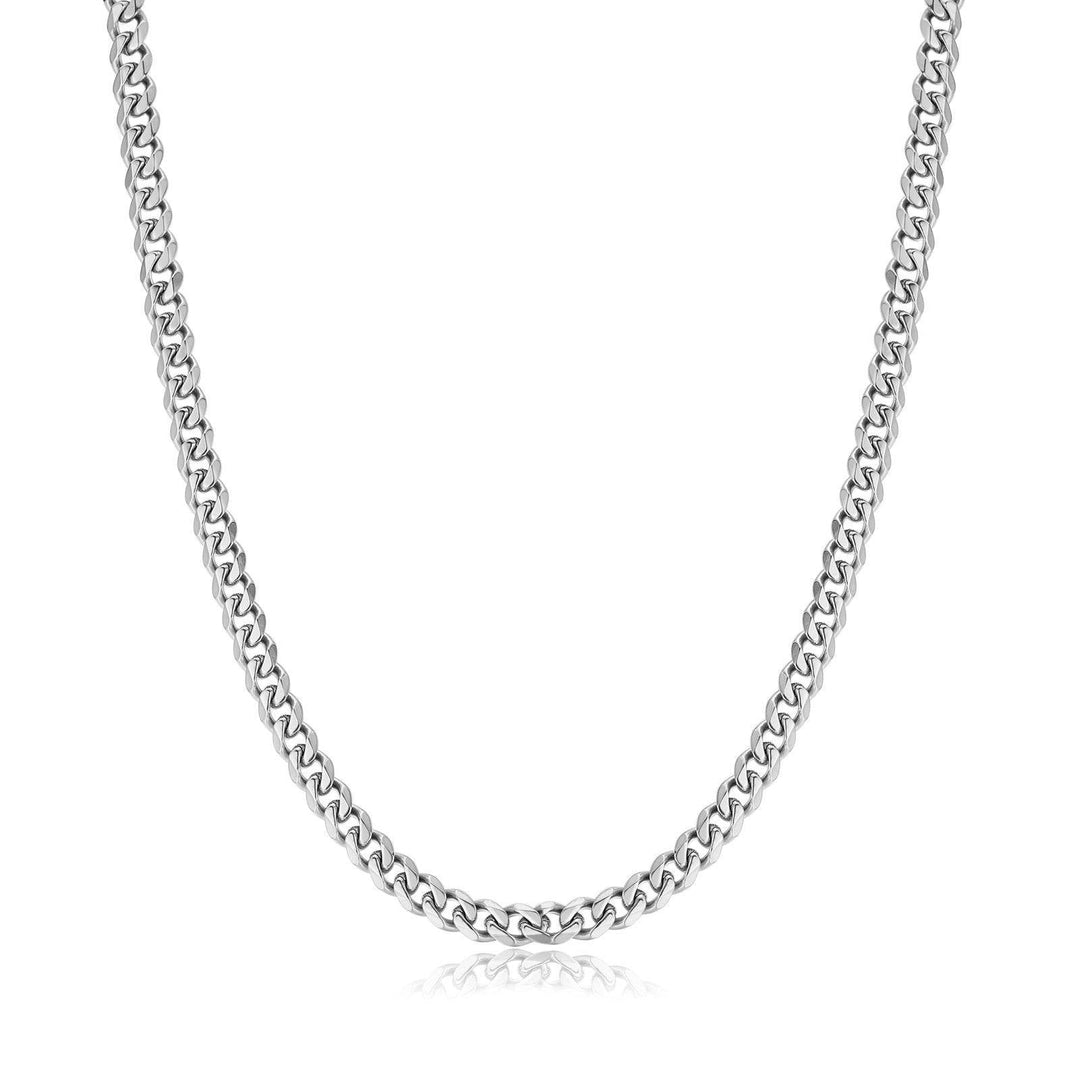 Close-up of a stylish men's Cuban link necklace. Durable silver chain, a timeless men's fashion accessory.