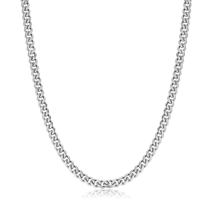 Close-up of a stylish men's Cuban link necklace. Durable silver chain, a timeless men's fashion accessory.