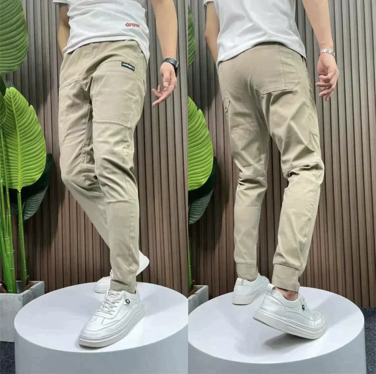 Beige men's stylish cargo trousers, featuring a comfortable slim fit, perfect for everyday casual wear.