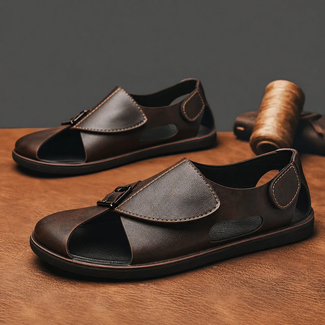 Fashionable men's summer footwear, stylish slip-on sandals for warm weather and relaxed outfits.