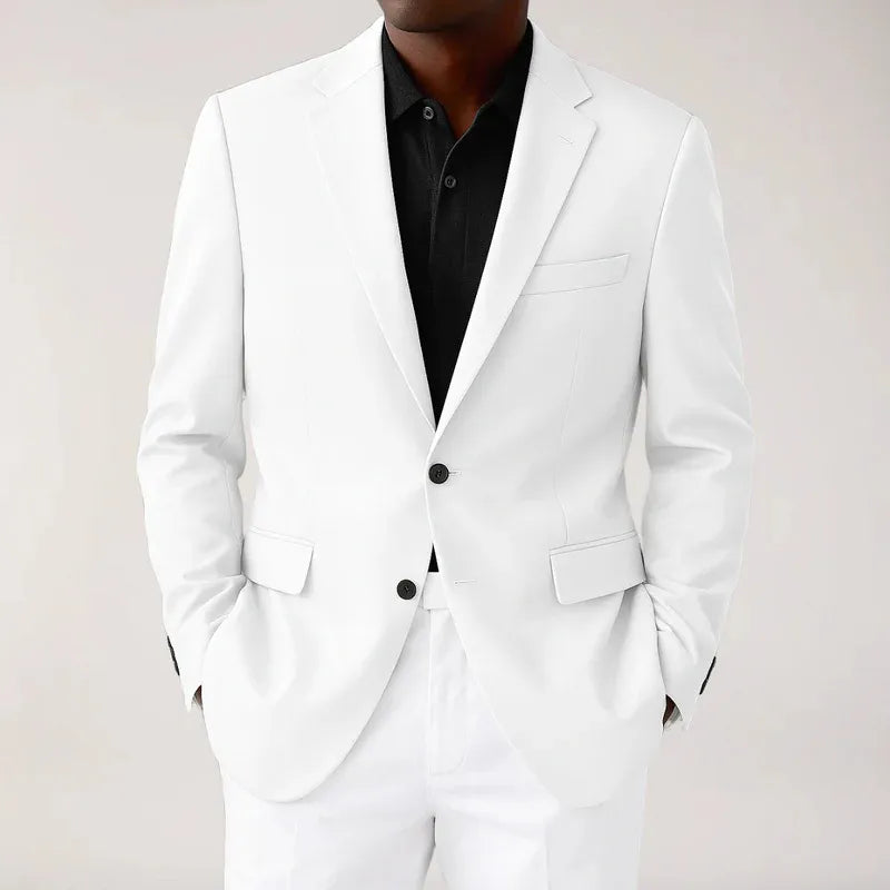 Stylish men's white blazer jacket with two buttons & notch lapel, ideal for formal, smart casual, or wedding wear.