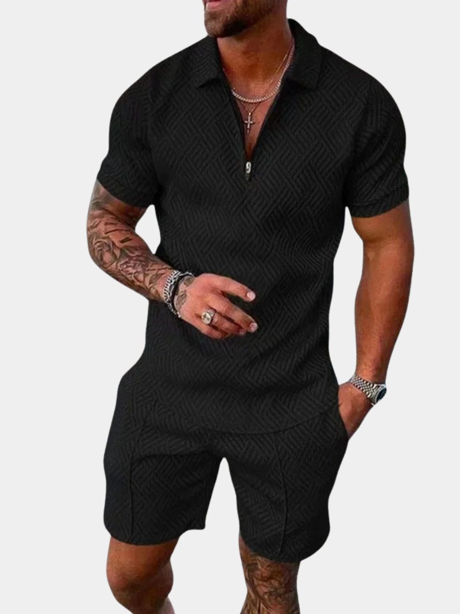 Stylish men's zip polo short set. Comfortable two-piece outfit perfect for summer, travel, or casual wear.