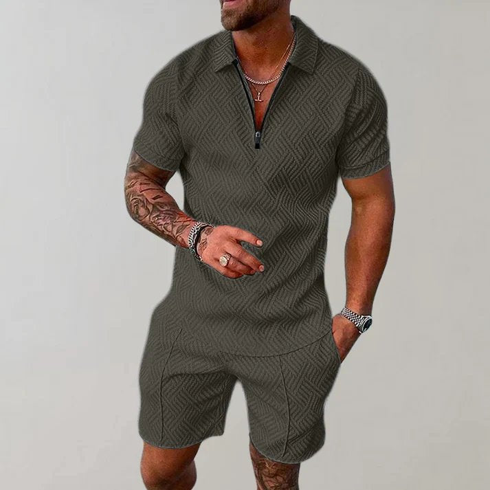 Men's zip polo and matching shorts set. Stylish & comfortable two-piece men's outfit for casual summer fashion.