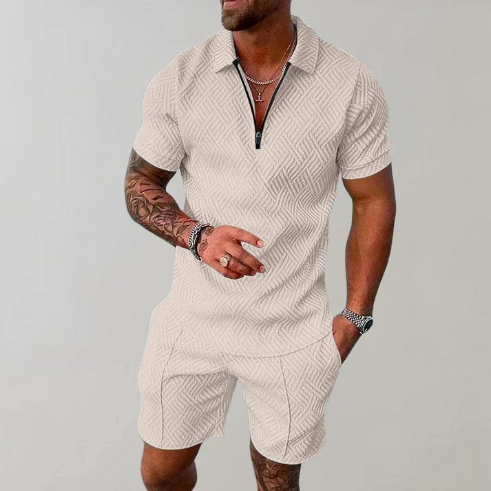 Comfortable men's zip polo short set. Ideal two-piece outfit for casual summer days, leisure, and travel outfits.